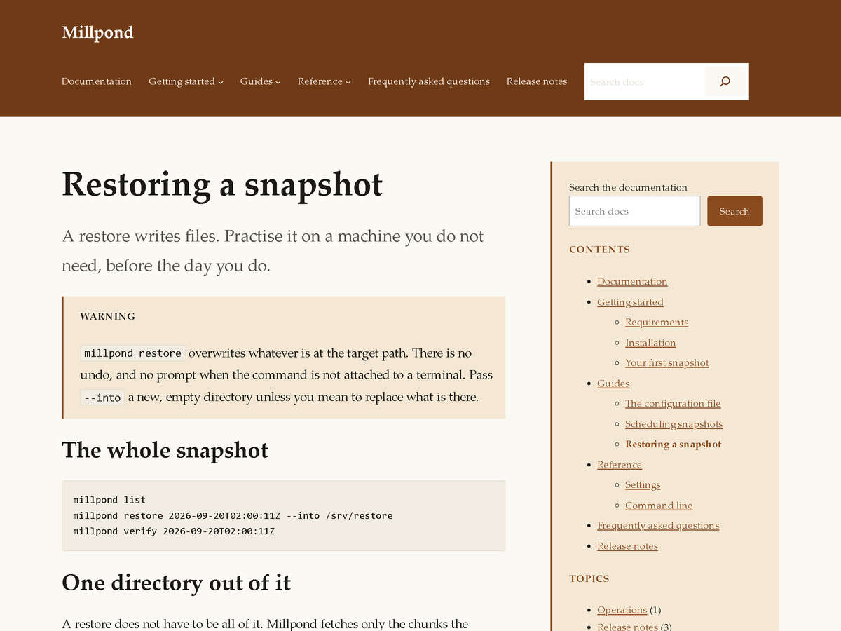 A Docsmith documentation page: a heading, a summary line, a warning callout with a coloured left edge, a code block, and a tinted sidebar on the right listing the contents of the documentation and the topics.