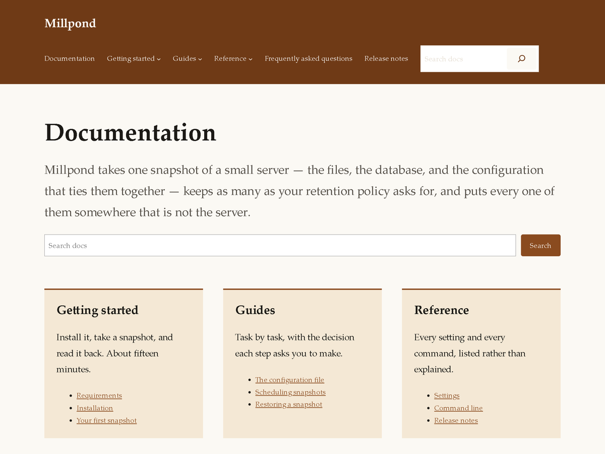 The Docsmith documentation home page: a deep rust header band carrying the site title, menu and search box, then a page heading, a search field, and three tinted cards headed Getting started, Guides and Reference, each listing links.