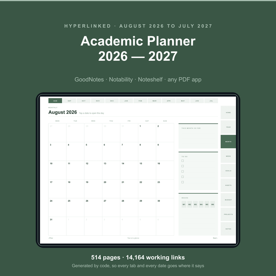 Academic Digital Planner 2026 to 2027 in a sage colourway, shown on a tablet