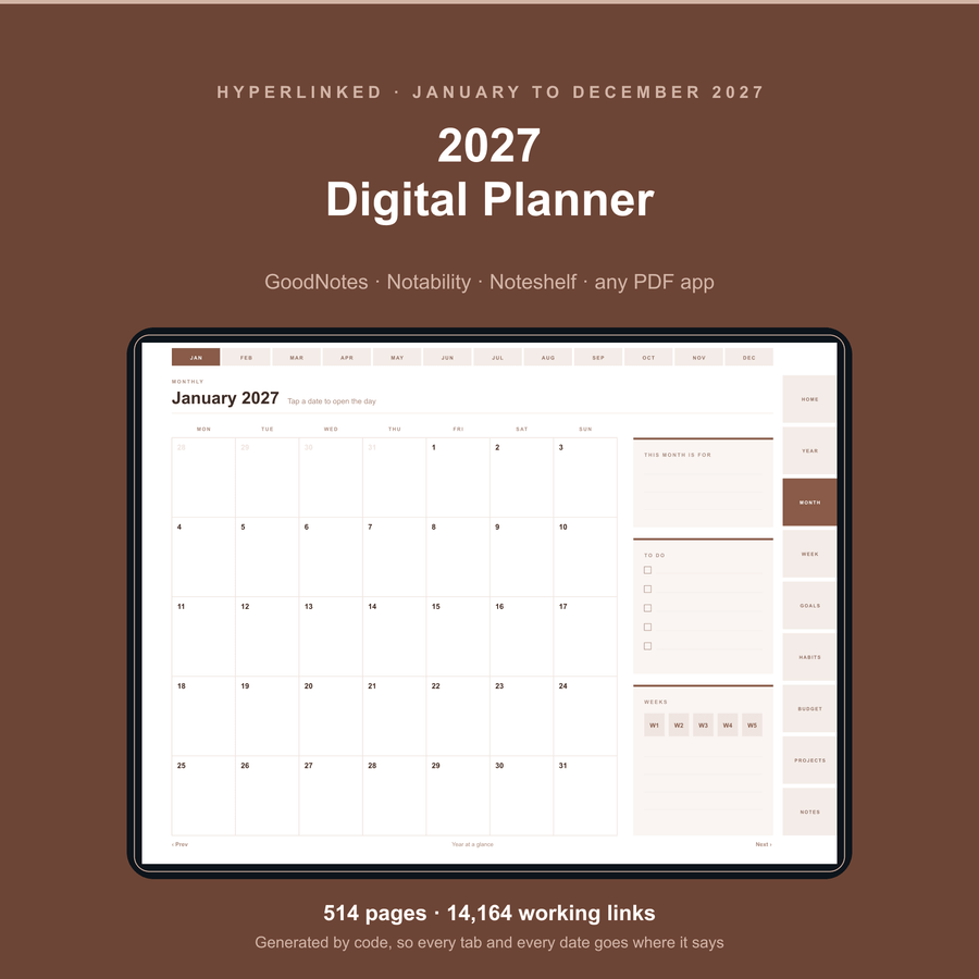 2027 Digital Planner in a clay colourway, shown on a tablet